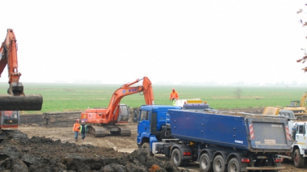 Die Pipeline-Baustelle in Bunderhee: Nach wie vor rollen im Minutentakt Lastwagen aufs Gelände und die Bagger sind im Dauereinsatz. © Foto: Hanken