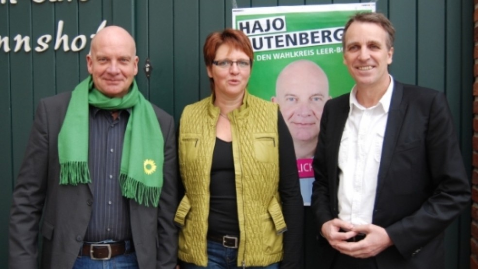 »Der doppelte Rutenberg«: Hajo Rutenberg lächelt auf diesem?Foto im Hintergrund auch noch von seinem?Wahlplakat. Gestern begrüßte er nicht nur die grüne Landtagsabgeordnete Meta Janssen-Kucz in Bunde, sondern auch den Spitzenkandidaten Stefan Wenzel. © Hoegen