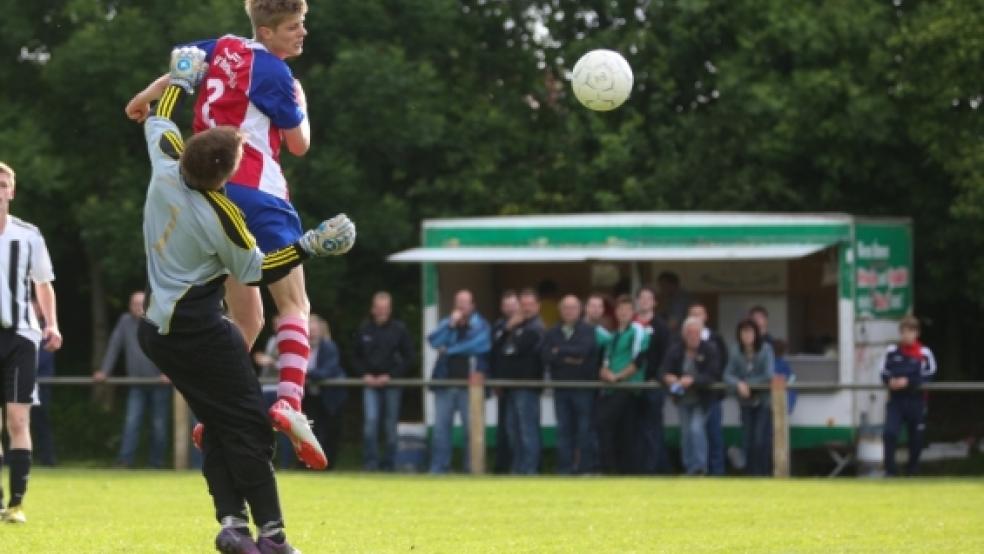 Schnell reagiert: Nach einem von Holterfehn geblockten Distanzschuss, köpft Niklas Busemann vom JFV zum 1:0 am Keeper vorbei. © Schulte