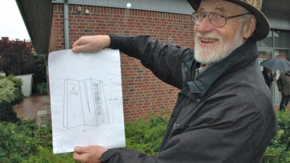 hsz Bunde. Seinen Entwurf des geplanten Denkmals für die ermordeten Bunder Juden zeigte gestern der Wymeerster Künstler Peter Könitz. Der Arbeitskreis »Jüdisches Leben« hat sich für den Könitz-Entwurf eines rund 1,80 Meter hohen und etwa zwei Meter breiten Denkmals und für den zentralen Standort an der Sparkassen-Filiale entschieden, vor der Könitz steht. © Szyska