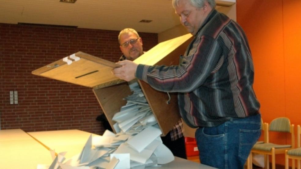 Auszählung in Jemgum: Die Wahlhelfer Dieter Immenga und Joachim Bugiel leeren die Wahlurne im Dorfgemeinschaftshaus aus. © Foto: Szyska