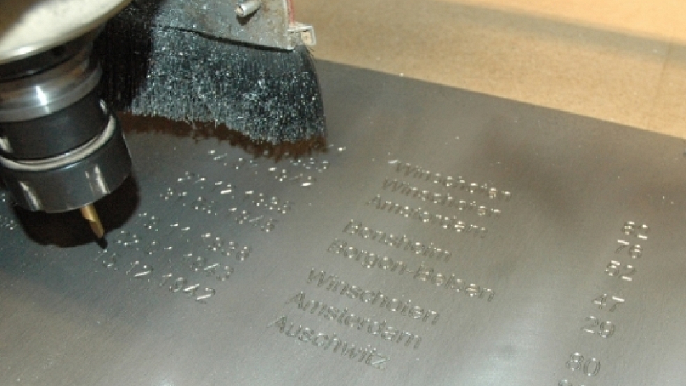 Das Schneidewerkzeug der CNC-Gravier- und Fräsmaschine hat eine Spitze mit einem Durchmesser von 0,4 Millimetern. Diese rotiert über 70 Stunden, um die beiden Stahlplatten des Bunder Denkmals dreidimensional zu beschriften. © Szyska