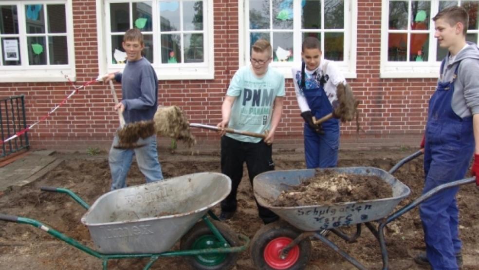 Lukas, Steffen, Jayden und Kevin (von links) pflastern den Bereich vor der Mensa der Förderschule. © Boelmann