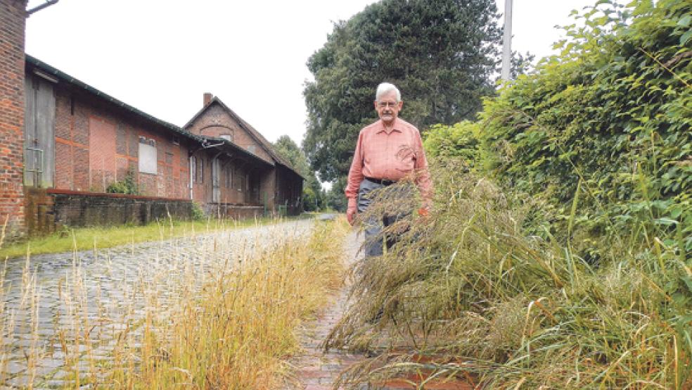 Ohne Buschmesser fast kein Durchkommen: Siegmund Meier bemängelt seit Jahren den Zustand der Straße »Am Bahnhof« in Weener. »Der erste Eindruck für ankommende Zugreisende ist nicht gerade der schönste«, kritisiert er.  © Foto: Bruins