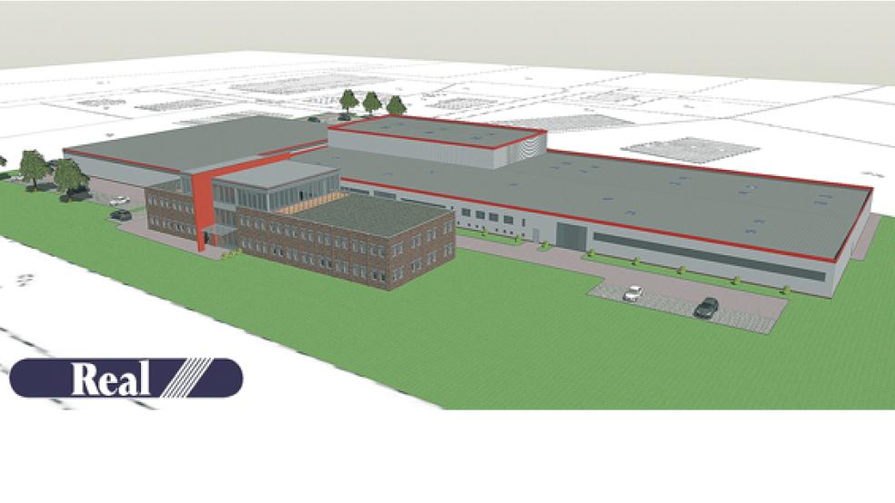 Die Grafik zeigt, wie das Büro- und Verwaltungsgebäude der Firma Jovyatlas im Gewerbegebiet in Soltborg nach der Fertigstellung aussehen soll (im Vordergrund). Im Hintergrund sind die alte Produktionshalle (links) sowie die im April fertiggestellte neue Produktions- und Lagerhalle zu sehen. © Grafik: Real Immobilien