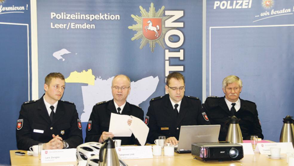 Vertreter der Polizeiinspektion Leer/Emden stellen die Unfallstatistik des Jahres 2014 vor: (von links) Lars Zengler, Pressesprecher, Johannes Lind, Leiter der Polizeiinspektion Leer/Emden, Robert Raaz, Leiter Einsatz und Theodor Koch, Leiter des Einsatz- und Streifendienstes der Polizei Emden.  © Foto: Garrels