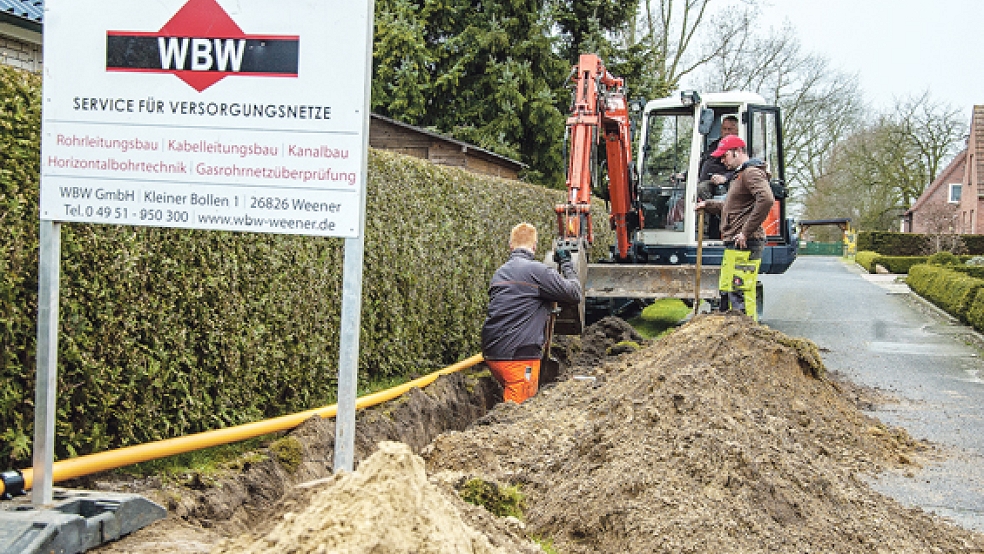 Ordentlich Aushub holen die Arbeiter der Firma Wildeboer aus dem Boden, um die neue Gasleitung in Diele zu verlegen.  © Foto: de Winter