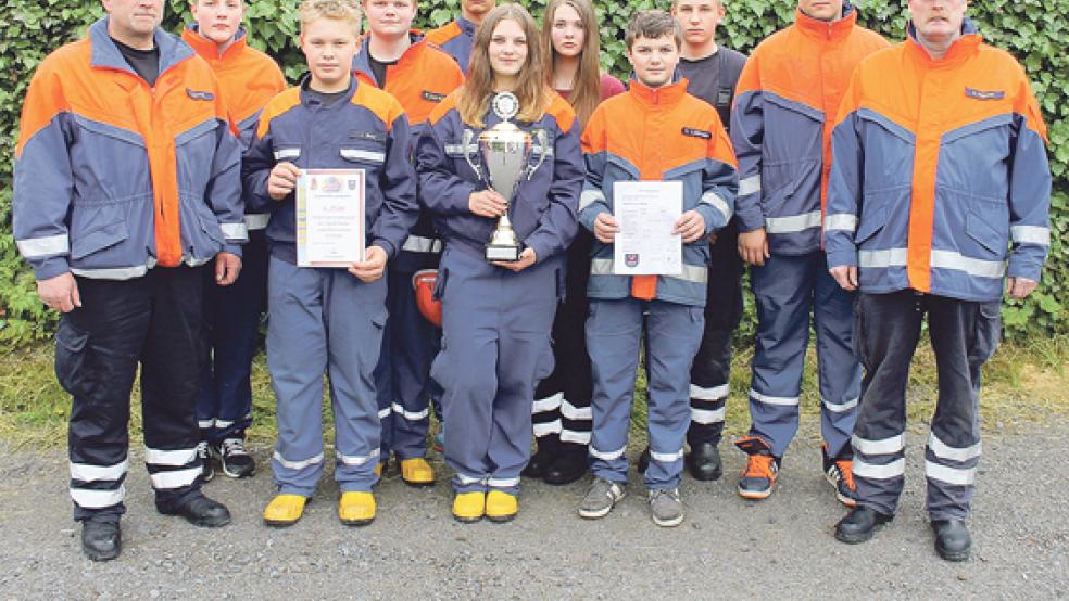 Stolze Sieger: Das Wettkampfteam der Jugendwehr Weener kann den Wanderpokal nach drei Siegen in Folge jetzt endgültig in seinen Trophäenschrank stellen. © Foto:Feuerwehr/Rand