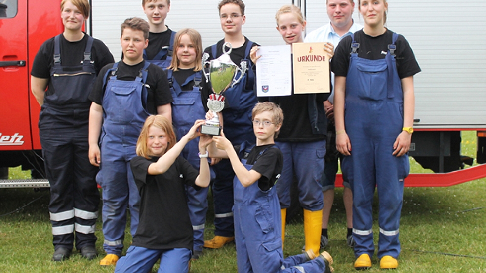 Stolz sind die Mitglieder der Jugendfeuerwehr Holthusen auf ihren Sieg beim Schnelligkeitswettbewerb. © Foto: Feuerwehr/Rand