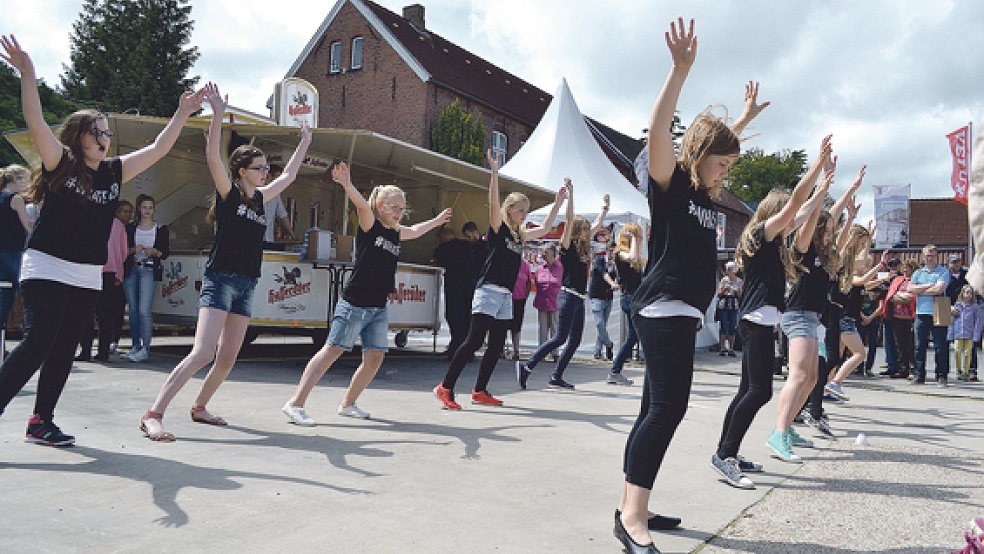 Schwungvoll sorgten zwei Rheiderländer Tanzgruppen für gute Stimmung. © Foto: Hülsebus