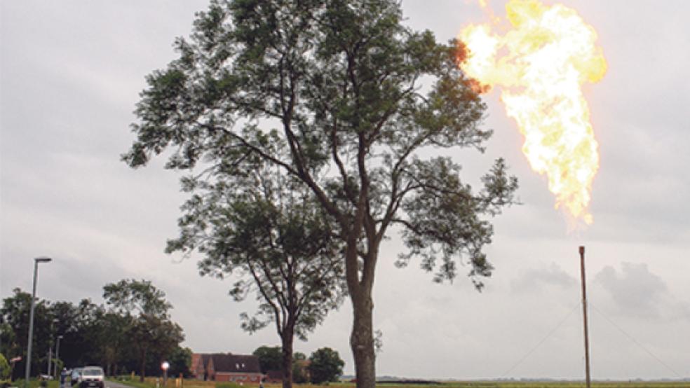 Weithin sichtbar war am Montag die Stichflamme, die an der Deichstraße in Bunderhee aus einem Rohr emporschoss. Die EWE fackelte dort Gas ab. © Leserfoto: Uwe Buß