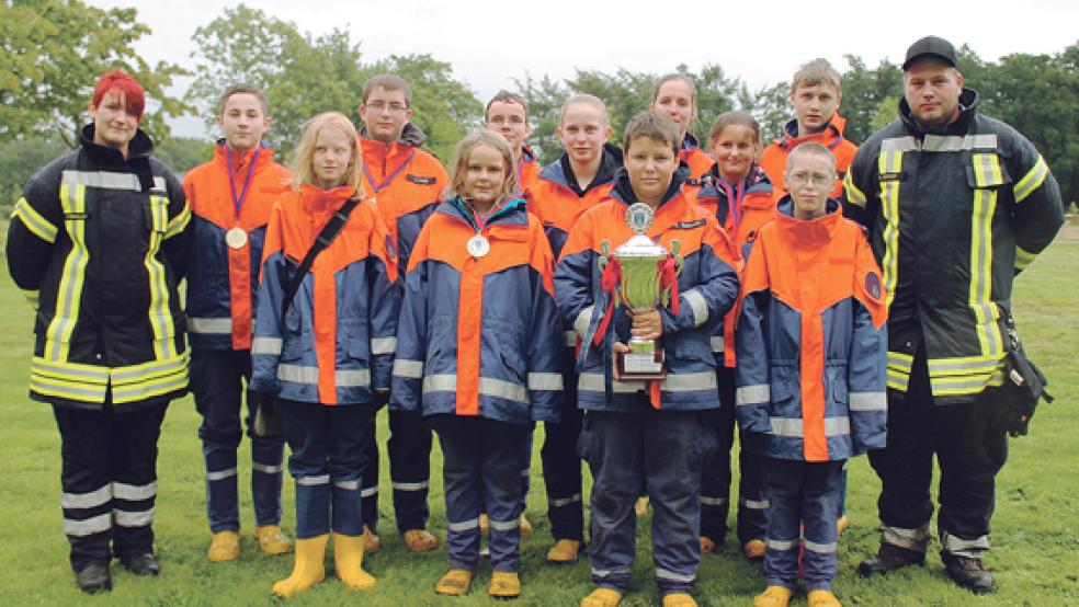 Den Titel »Rheiderlandmeister 2015« konnte sich die Jugendfeuerwehr Holthusen mit ihrem Sieg beim Leistungswettbewerb in Bunde sichern. © Foto: Feuerwehr/Rand