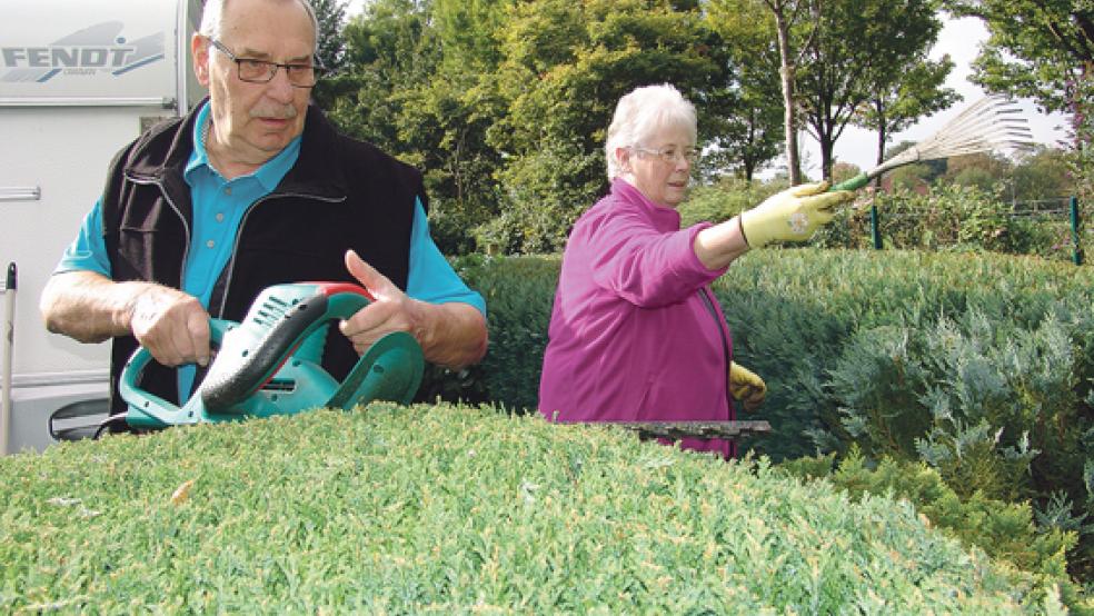 Manfred und Ursula Stückemann aus Nordrhein-Westfalen sind schon seit 26 Jahren Dauercamper in Weener. Auch die Gartenarbeit gehört dazu.  © Fotos: Boelmann