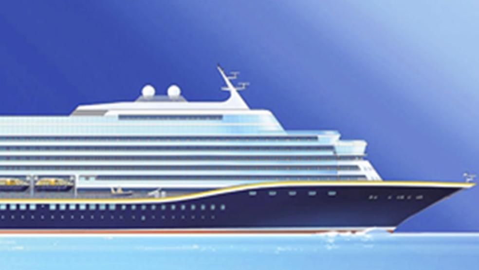 Auf dem Computer-Reißbrett der Entwickler hat das neue Saga-Schiff schon Gestalt angenommen. Im Sommer 2019 soll das Schiff fertig sein. © Computersimulation: Meyer Werft