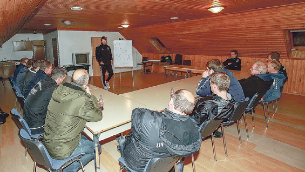 Die Jugendtrainer des JFV Oberrheiderland lauschen den Worten von Günter Geerdes. © Foto: Schulte