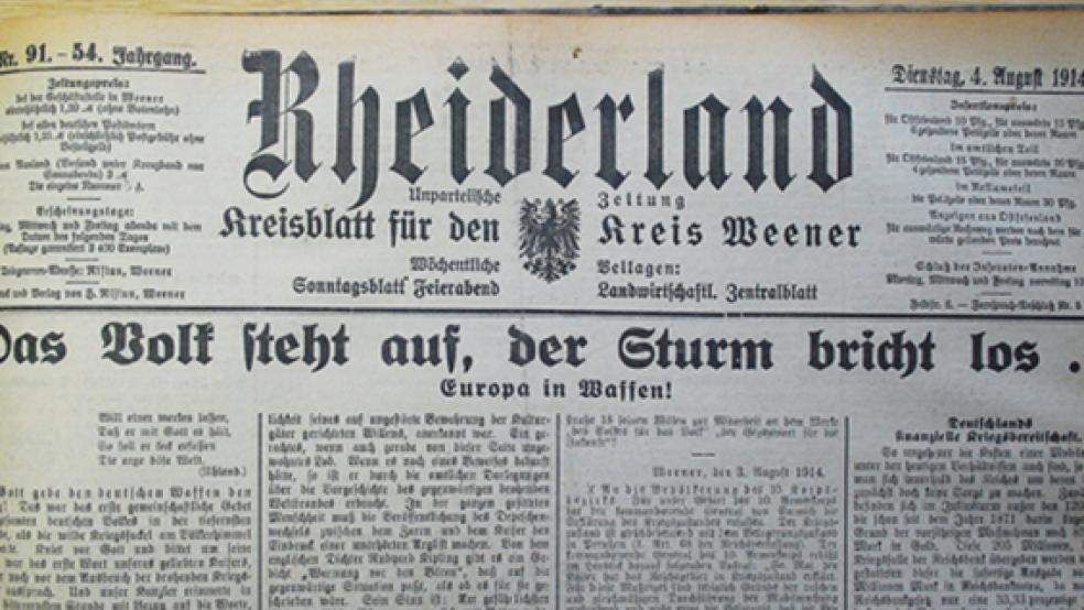 Der Erste Weltkrieg ist ausgebrochen - so berichtete die RZ am 4. August 1914 über das einschneidende Ereignis, das bald auch die Region selbst im Klammergriff halten sollte. © Foto: Hanken