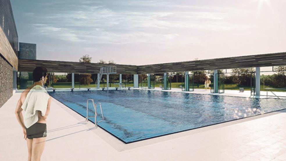 Der Entwurf des Architekturbüros Krieger sieht ein Hallenbad vor, dessen Dach und Glastüren bei warmen Temperaturen geöffnet werden können. In wenigen Minuten soll es sich in ein Freibad umwandeln lassen. © Grafik: Krieger Architekten und Ingenieure