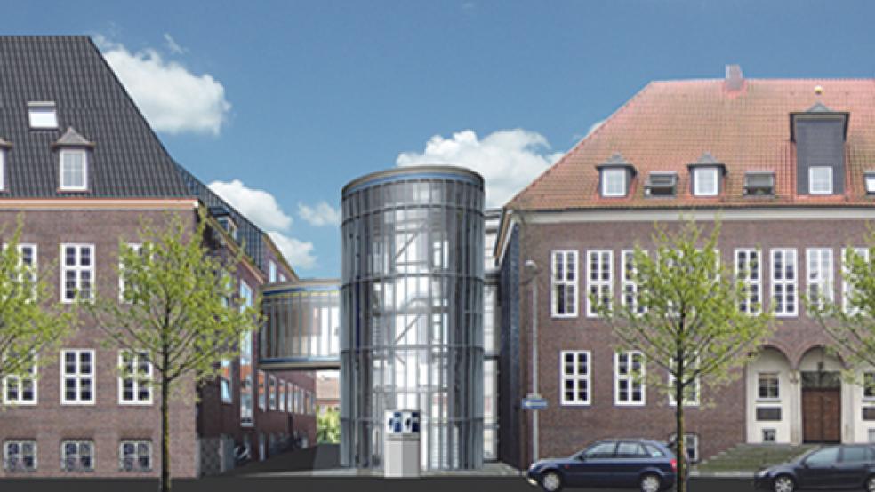 Die Grafik zeigt zwischen den beiden Gebäuden an der Ringstraße in Emden die Brücke sowie den Treppenhaus- und Fahrstuhlturm. Die Bauarbeiten sollen bis November abgeschlossen sein. © Grafik: Architekturbüro Stöfer (Emden)