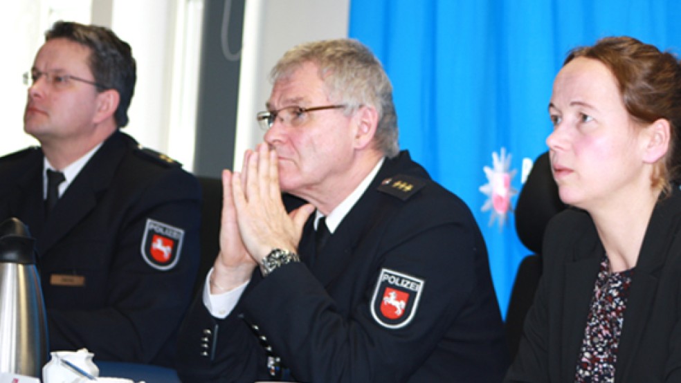 Sorgenvolle Gesichter: Die positiven Zahlen spiegelten sich bei der Pressekonferenz der Polizeinspektion Aurich/Wittmund nicht in den Gesichtern der Polizeiführung wider: (von links) der Leiter des Polizeikommissariats Wittmund, Stephan Zwerg, Inspektionsleiter Hans-Jürgen Bremer und ZKD-Leiterin Anke Arkenau. © Foto: Ricken