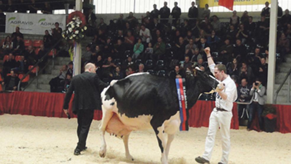 Stolz reißt Tierführer Torben Melbaum den Arm hoch, als Preisrichter Marko Radke »ZR Island« erneut zur »Miss Ostfriesland« kürt .  ©  Foto: Jürrens