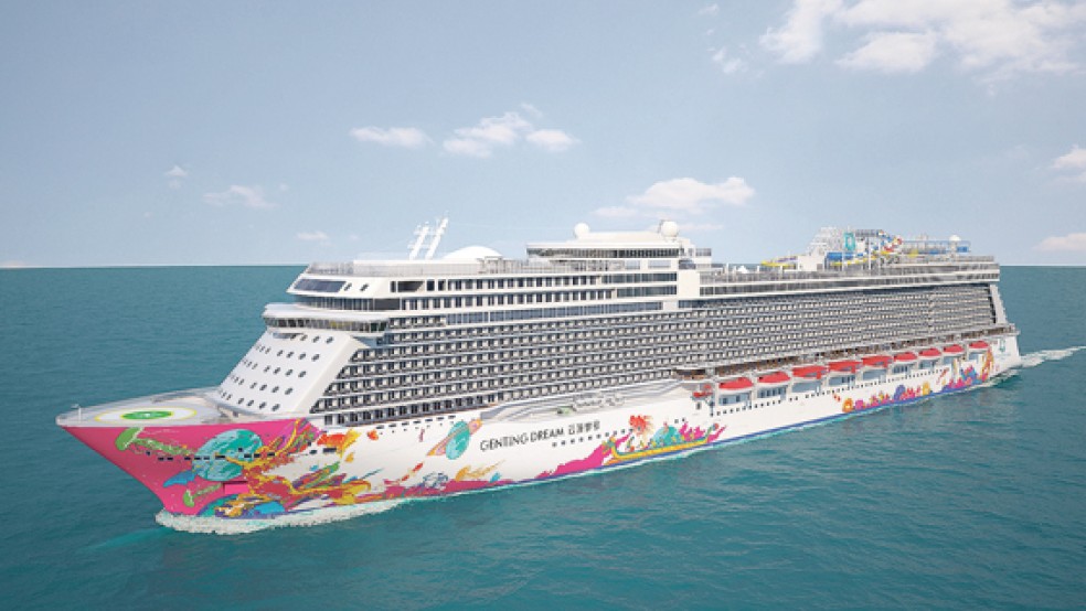 Farbenfroh: Die Rumpfbemalung des neuen Kreuzfahrtschiffes »Genting Dream«, das auf der Papenburger Meyer Werft entsteht.  © Grafik: Dream Cruises 