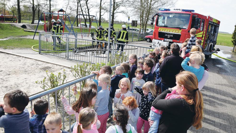 Die Kinder und ihre Erzieherinnen wurden bei der Feuerwehr-Übung evakuiert. © Foto: Wolters