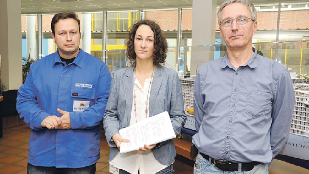 Vergeblich warteten Rüdiger Vinschen (links), Julia Küthe und Theo Wessels gestern im Foyer der Meyer Werft darauf, dort einen Teil der Unterschriftenliste zur Neuwahl des Betriebsrates an Arbeitnehmervertreter übergeben zu können. © Foto: privat