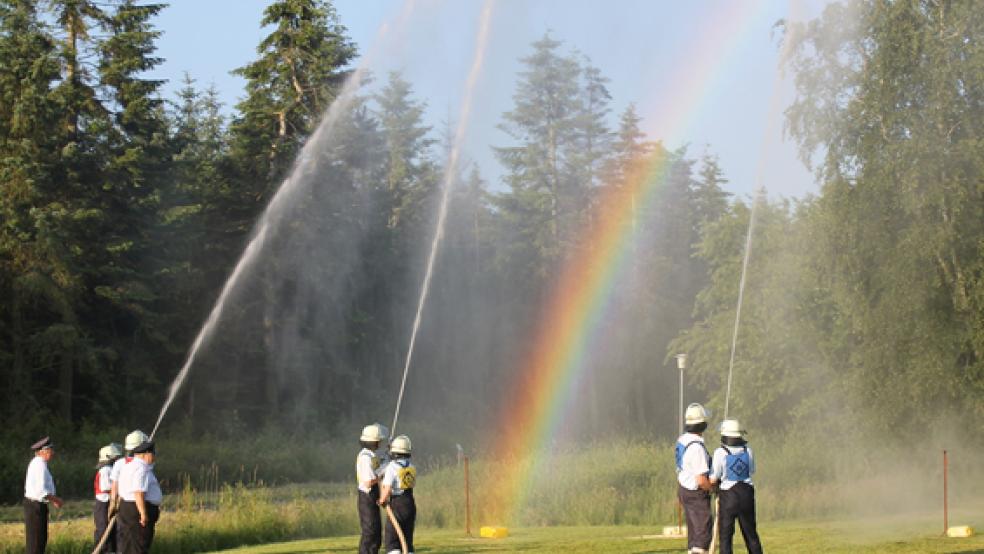 Farbenspiel: Sonnenschein und Wasserstrahlen ließen einen Regenbogen entstehen. Im Einsatz die Gruppe der Freiwilligen Feuerwehr Vellage. © Foto: Feuerwehr/Rand