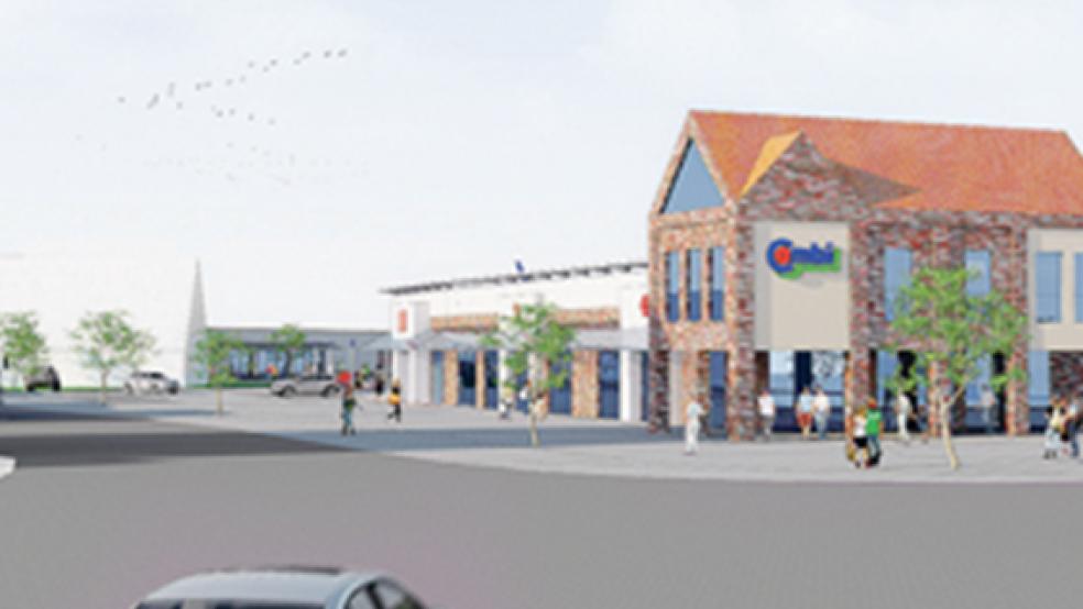 Eine Front im Arkaden-Stil soll der neue Trakt des Combi-Gebäudes an der Poststraße bekommen. Die Perspektive zeigt die Ansicht von der Kreuzung aus - rechts, in weiß angedeutet, die Erlöserkirche. © Graphik: beyer+freitag+zeh