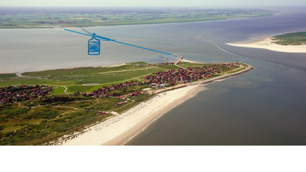 Die Seilbahn müsste eine rund fünf Kilometer lange Strecke über das Wattenmeer überbrücken. © Fotomontage: Ostfriesischer Kurier