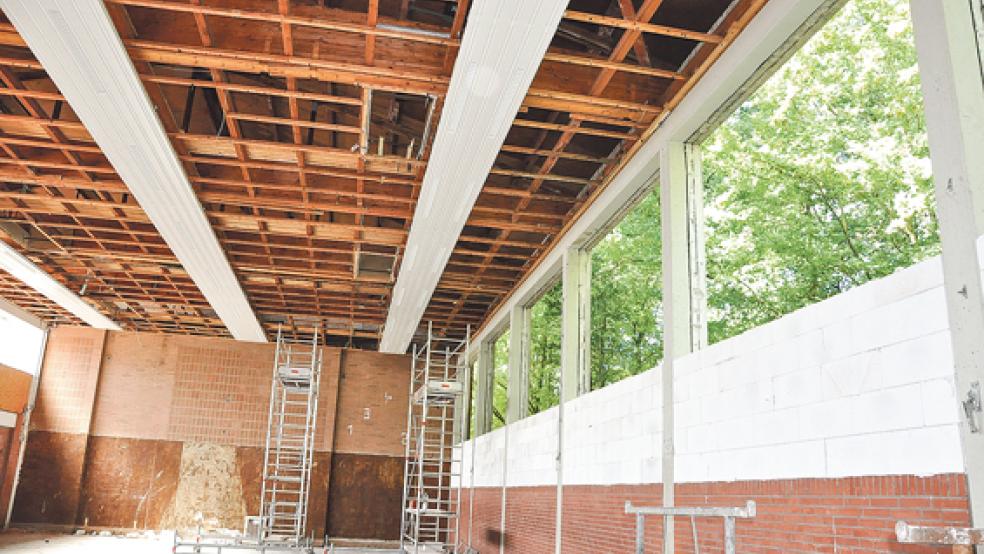 Die Turnhalle in Holthusen wird kernsaniert. Die Bauarbeiten liegen laut Stadtverwaltung im Zeitplan. © Foto: Boelmann