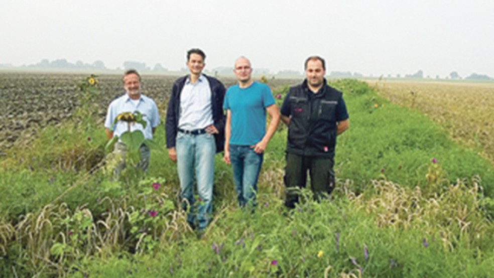 Zu Besuch beim Landwirtschaftlichen Naturverein Rheiderländer Marsch. Landratskandidat Tammo Lenger (Zweiter von links) informierte sich mit Grünen-Kreisvorsitzer Lutz Drewniok aus Weener (links) über Naturschutzprojekte der Landwirte in Landschaftspolder. © 