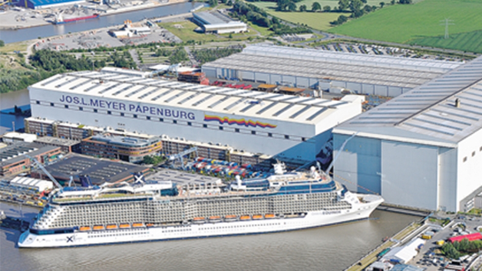 Das Baudock der Meyer Werft (rechts) im Bild, soll um 25 Meter auf rund 530 Meter verlängert werden. © Archivfoto: Meyer Werft