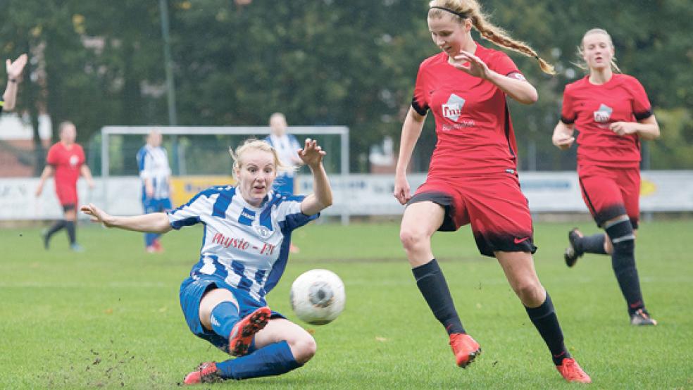 Entschlossenheit und viele Zweikämpfe prägten das Derby zwischen Möhlenwarf mit Lena Wähler (l.) und Jemgum mit Milena Vohs. © Foto: Mentrup