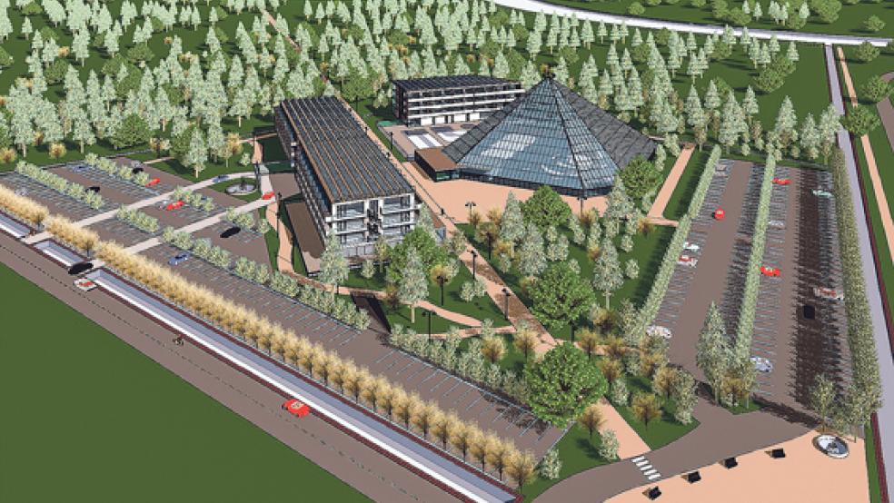 So soll »SpaWorld« in 2019 mit drei Hotels und tropischem Wasserparadies unter einer gläsernen Pyramide am Rande des »kuuroord« Bad Nieuweschans aussehen. Rechts wird die »Wasserwelt« am Naturschutzgebiet »Houwingaham« (oben) durch die Autobahn begrenzt, die untere, grüne Fläche ist bereits deutsches Gebiet. © Graphik: Wereldbazar BV