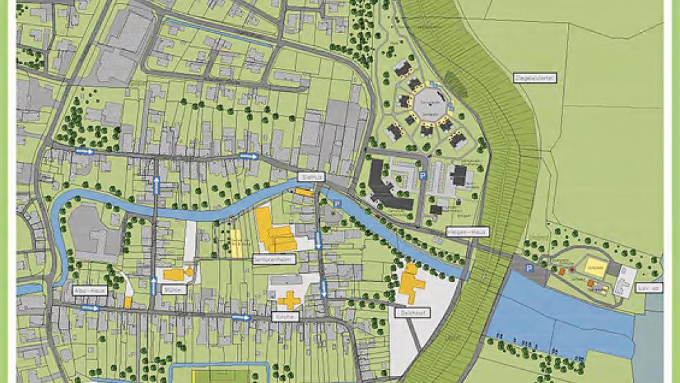 Das Entwicklungskonzept für das Ziegelei-Viertel in Jemgum von 2011 gehört zu den Projekt-Steckbriefen der »Dorfregion Rheiderland«. © Zeichnung: Architekturbüro Rode -Kaczor+Thielemann