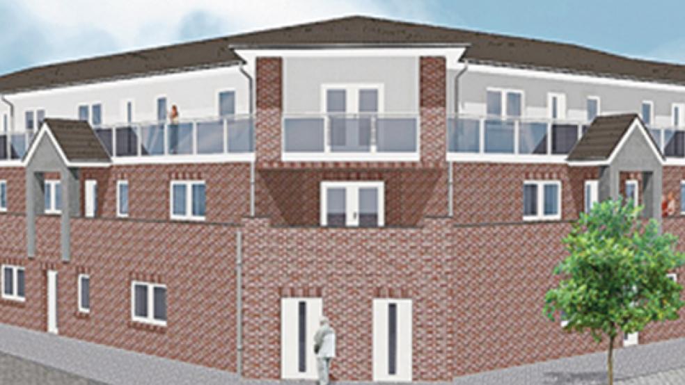 Der Haupteingang (Bildmitte) soll sich an der Kreuzung »Am Bingumer Deich«/Bernhard-Duhm-Straße befinden. Das Treppenhaus verfügt über einen Aufzug, sodass alle Wohnungen barrierefrei erreichbar sein werden. © Grafik: Team Hausbau