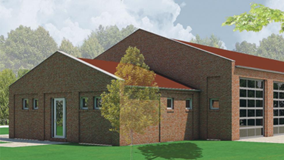 Der Entwurf des Architekturbüros Woltermann aus Weener sieht ein Gerätehaus für die Ditzumer Feuerwehr mit einem Anbau vor, in dem sich Sanitäranlagen für den benachbarten Wohnmobilstellplatz befinden. © Grafik: Architekturbüro Woltermann
