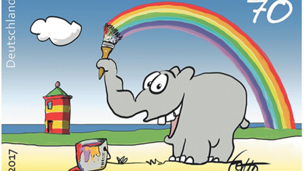 Ein bunter Gruß vom Ottifanten: Eine neue Briefmarke ist offiziell vorgestellt worden.  © Foto: privat