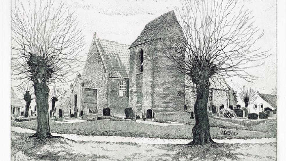 Auch das Rheiderland ist in der Ausstellung vertreten. Hier die Critzumer Kirche in einer Strichätzung und Aquatinta von Wolfgang Epple (2005). © Foto: privat