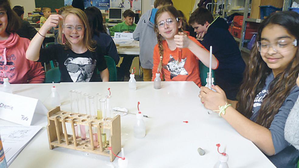 Experimente mit Rotkohlsaft und Sprite führten die Schüler im Bereich Chemie durch. © 