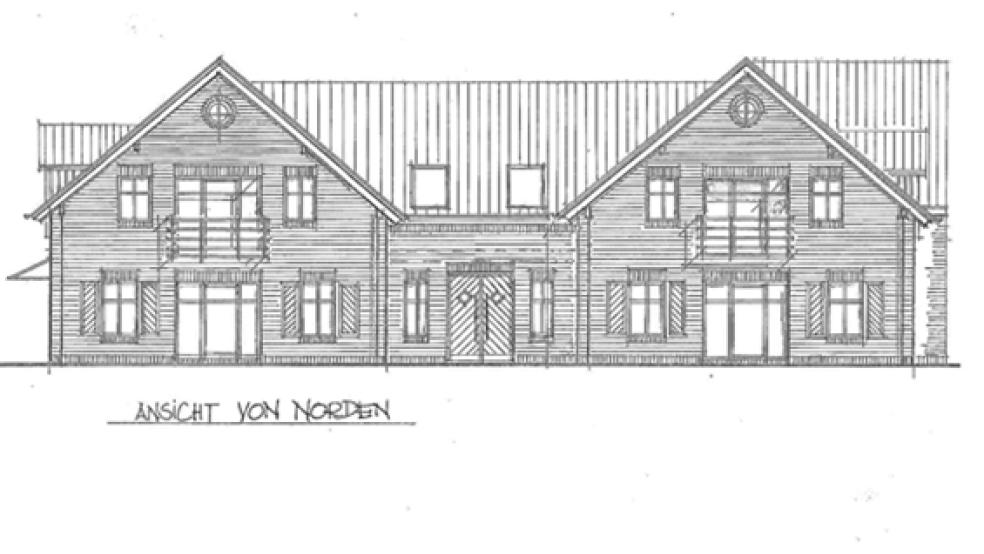 Ansicht von der Sielstraße: So soll sich das neue gastronomische und touristische Schmuckstück neben dem Hermann-Tempel-Platz in Ditzum im Frühjahr kommenden Jahres präsentieren. Dann ist die Fertigstellung geplant. Entstehen sollen ein Restaurant mit 48 Sitzplätzen und Außenanlagen sowie sechs hochwertig ausgestattete Ferienwohnungen. Die Investitionssumme wird auf rund zwei Millionen Euro beziffert. © Zeichnung: Architekt Norbert Freitag