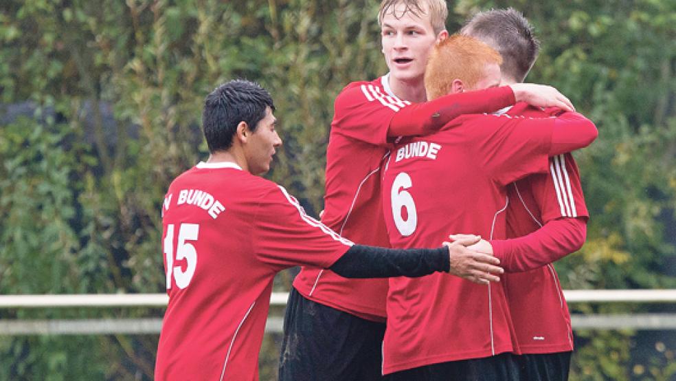 Bunder Jubel über Siege gab es in der Ostfrieslandliga-Saison gleich 17 Mal in 20 Spielen zu sehen. © Foto: Mentrup