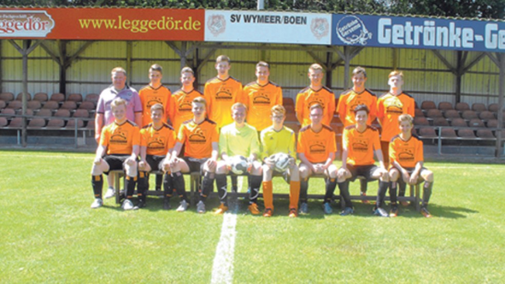 Meister der Ostfrieslandklasse A sind die B-Junioren des SV Wymeer-Boen um (hinten von links) Trainer Heinz Smeenge, Domenik Bosma, Markus Buß, Ihno Frieling, Timo Blaauw, Malte Maas, Steffen Tergast, Mathis Wischeropp, (unten v. l.) Niklas Klaaßen, Ole Klipsch, Mathias Smid, Patrick Smeenge, Sven Wagner, Lars Weber, Lukas Neumann und Simon Koop.. © Foto: privat