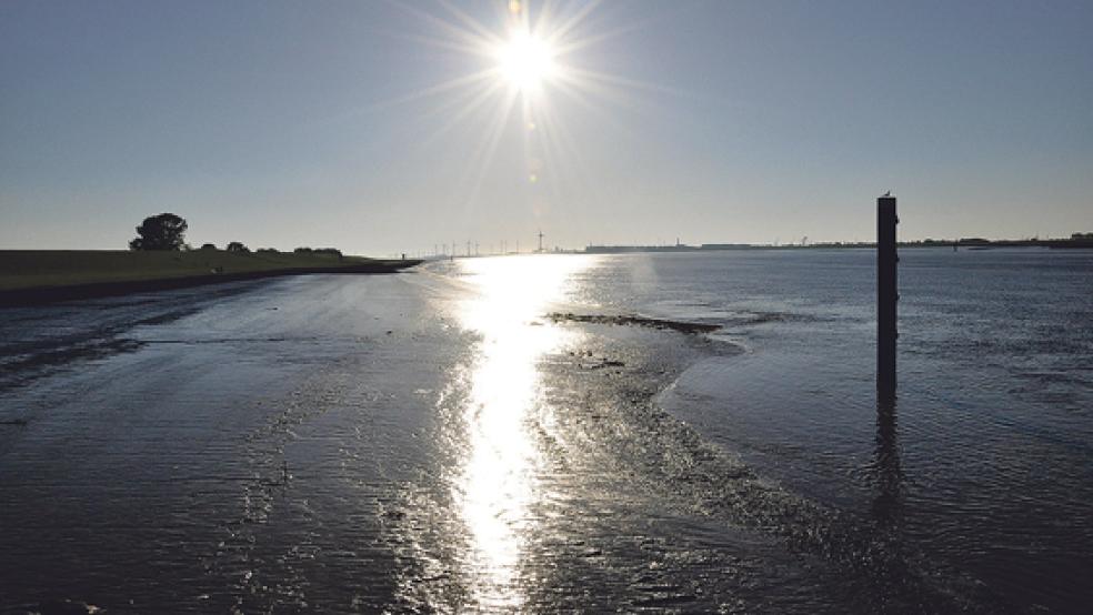 Ein Blick von Ditzum Richtung Emden. Dort soll eine maritime Gedenkbarke aus Holz für Seebestattungen im Hafen in der Nähe der großen Seeschleuse errichtet werden.  © Foto: Boelmann
