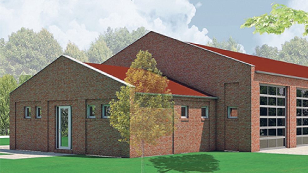 So soll das neue Feuerwehrhaus in Ditzum mit dem angebauten Sanitärtrakt aussehen. © Grafik: Architekturbüro Woltermann (Weener)