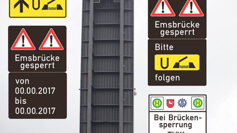 An der Jann-Berghaus-Brücke werden auf Bingumer und Leerorter Seite bald Schilder aufgestellt, die auf den Shuttle-Service des THW hinweisen. © Archivfoto: Flockenhagen/Montage: Schulte