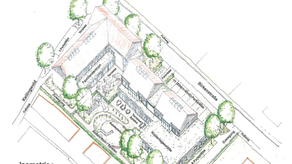 Die Pläne für das Eckgrundstück Birkenstraße/Kellingwold in Bunde. Oben links die Ansicht des geplanten Familienzentrums. Rechts daneben die neue Kita, die die Gemeinde mit günstigen Förderungen realisieren möchte. © Zeichnung: Gemeinde Bunde