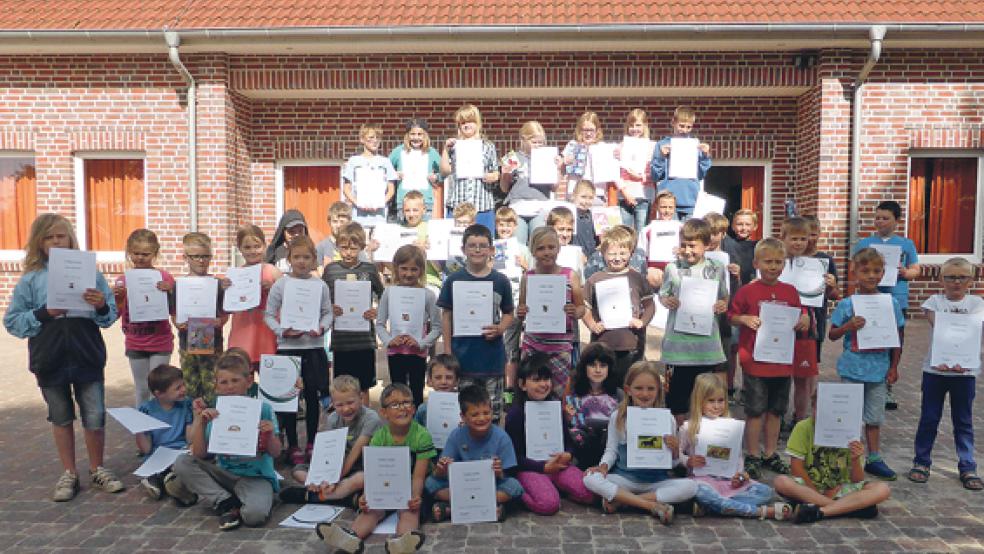 Zum Thema Pulsstockspringen malten diese Kinder der Grundschule Dollart die besten Bilder. © Foto: privat