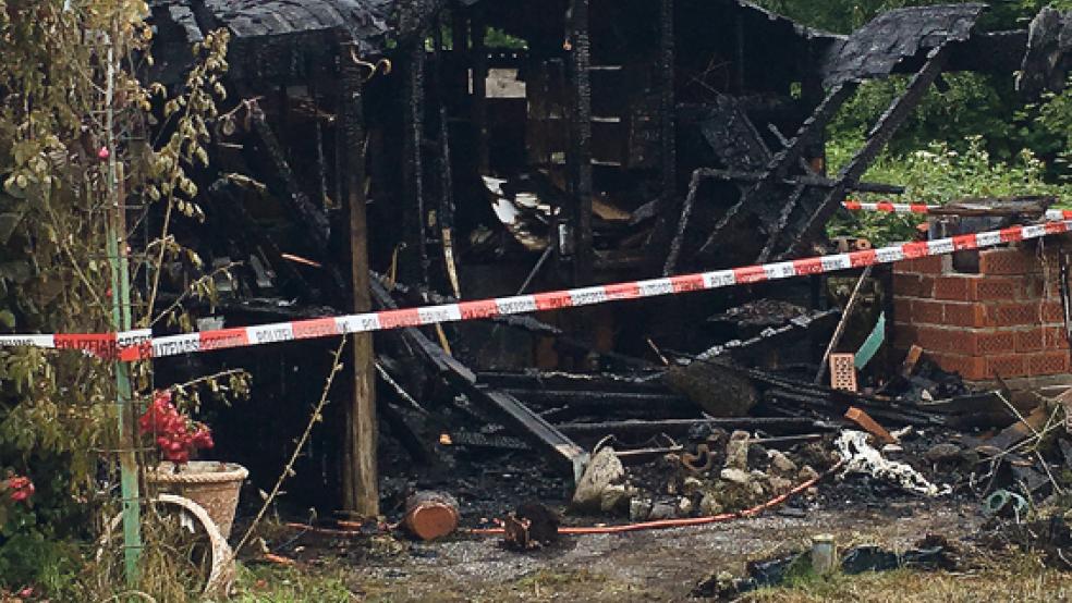 Lichterloh in Flammen stand die Blockhütte, als die Feuerwehr in der Nacht zu gestern auf dem Grundstück am Beningaweg in Weener eintraf. Das Gartenhäuschen wurde völlig zerstört.  © Foto: Boelmann 